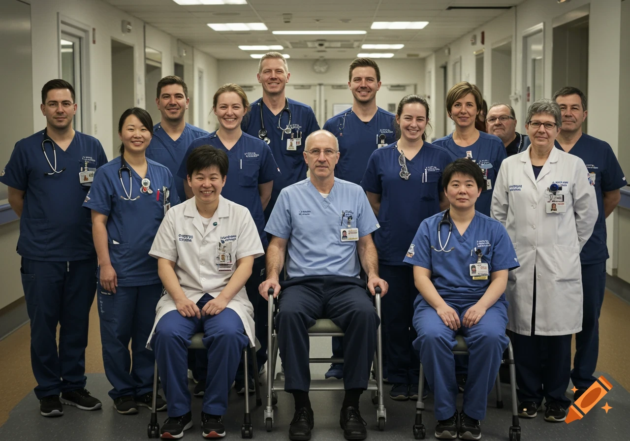 A diverse group of hospital staff, some standing in blue scrubs and some seated, smiling in a hospital hallway. Photorealistic style.