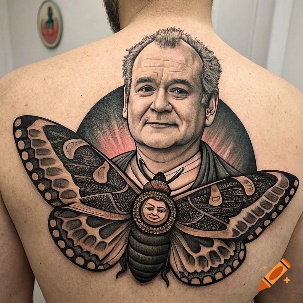 A detailed tattoo on a person's back depicting Bill Murray's head on a moth's body with a smiling face on its abdomen.