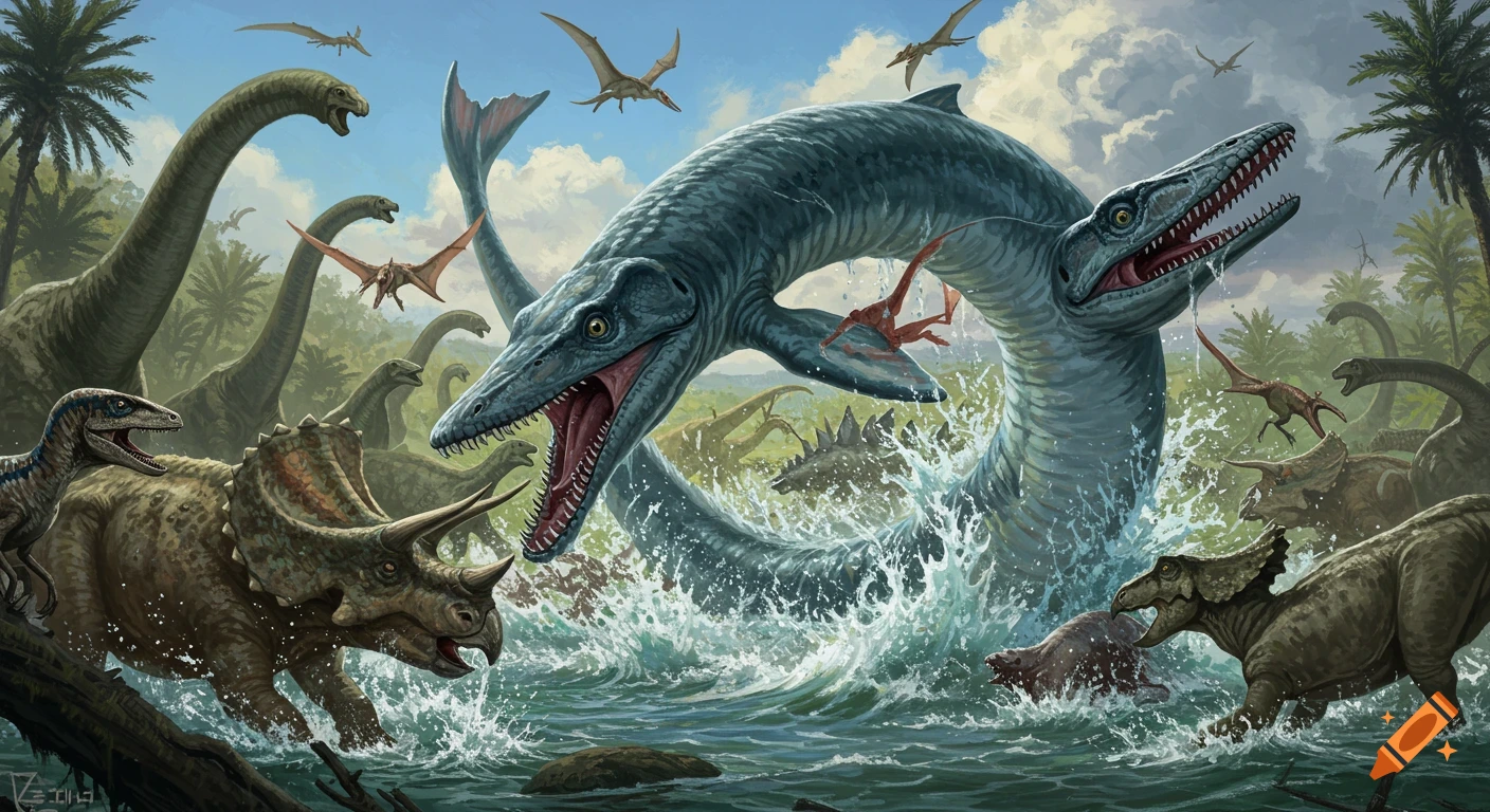 A mosasaur leaps from the water amidst a stampede of dinosaurs including Triceratops, Velociraptor, and sauropods, with pterosaurs flying.