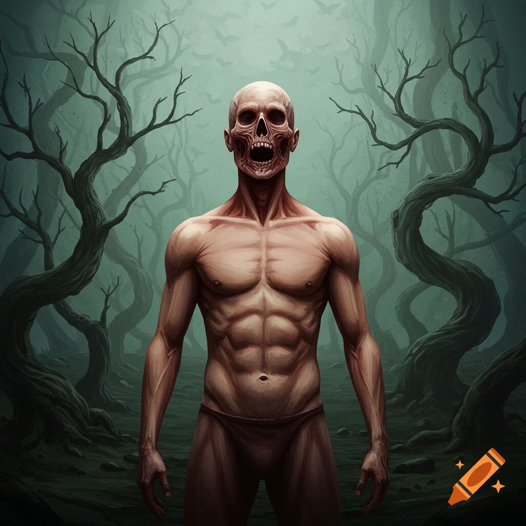 A muscular man with a skull for a head stands in a dark, gnarled forest under a foreboding sky with bats flying, in a digital painting style.