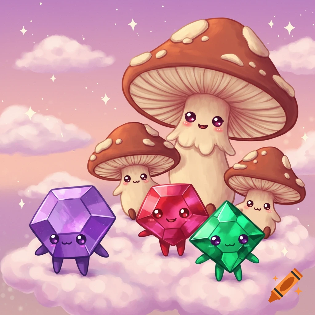 Cute anthropomorphic mushrooms and colorful gemstones with faces float on pink and purple clouds with stars in a whimsical, cheerful style.