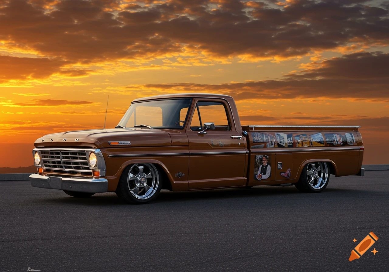 A brown 1967 Ford F800 utility bed lowrider pickup truck parked on asphalt at sunset.