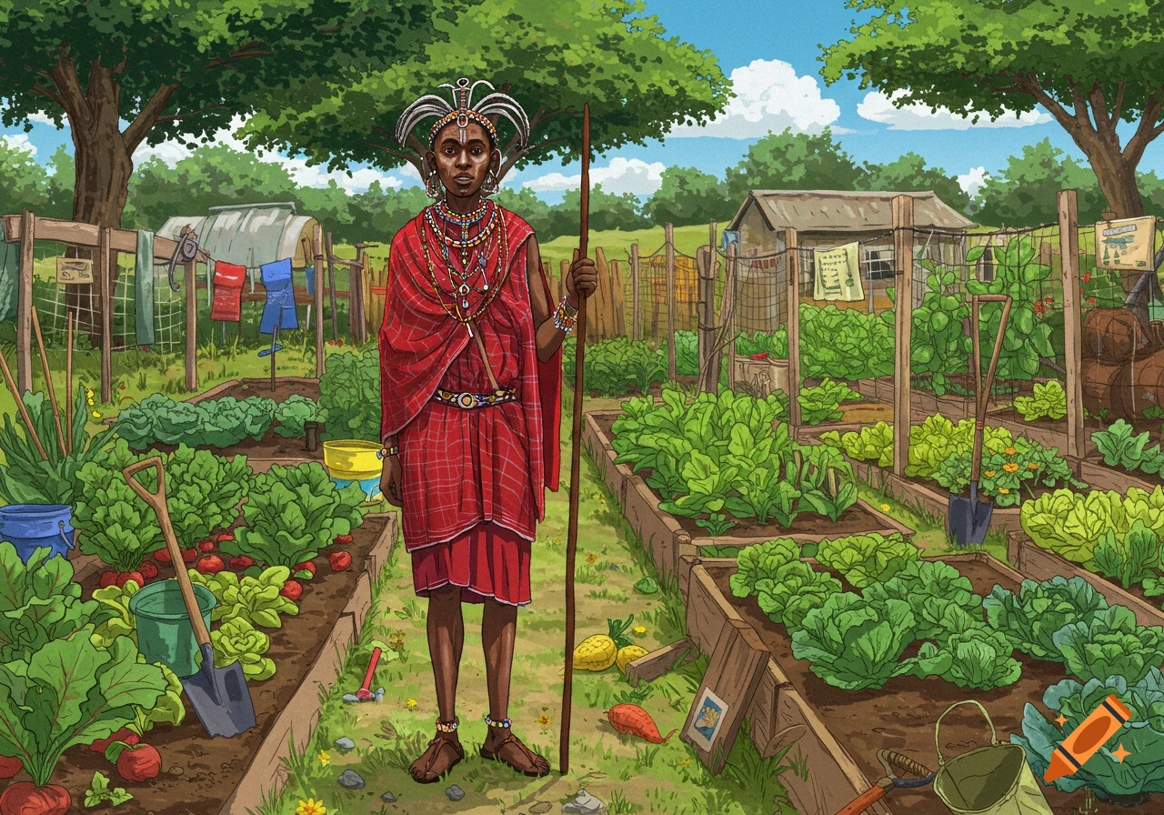 Illustration of a Masai person in traditional red attire holding a staff, standing in a lush, detailed community garden.