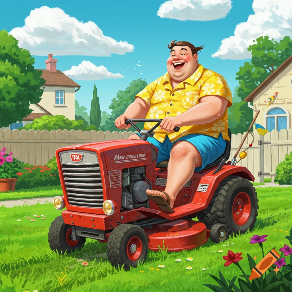 A laughing cartoon man on a red riding lawnmower cuts grass in a vibrant suburban garden.