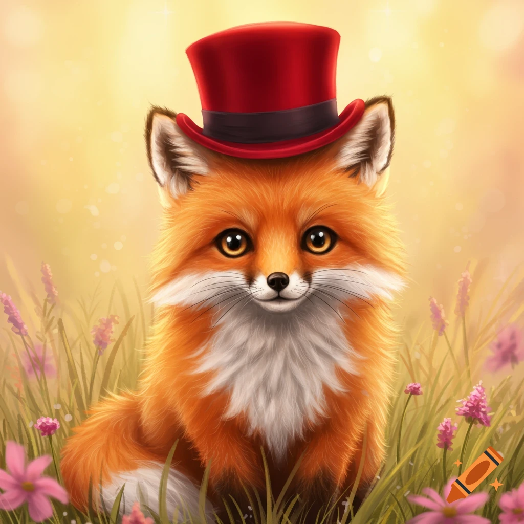 Illustration of a cute fox with a red top hat sitting in a sunny field of flowers.