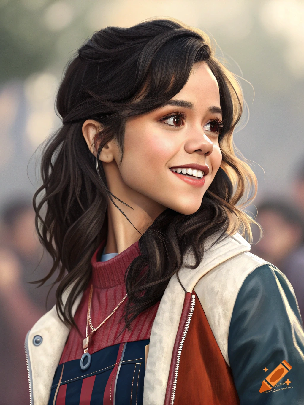 A photorealistic portrait of a young woman with dark wavy hair, resembling Jenna Ortega, smiling and looking right, wearing a red turtleneck and a multi-colored jacket.