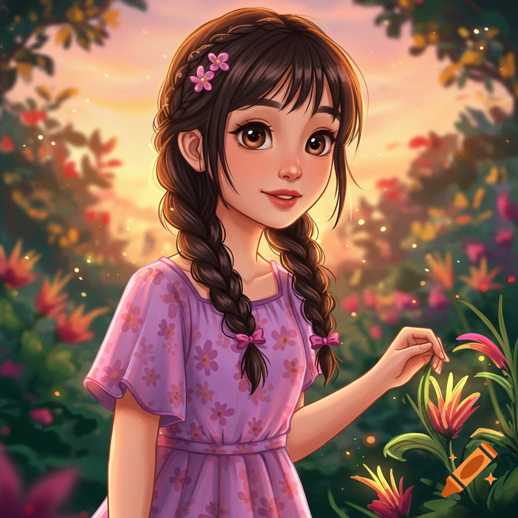 Cartoon girl with braids in a purple dress touching a flower in a garden at sunset.