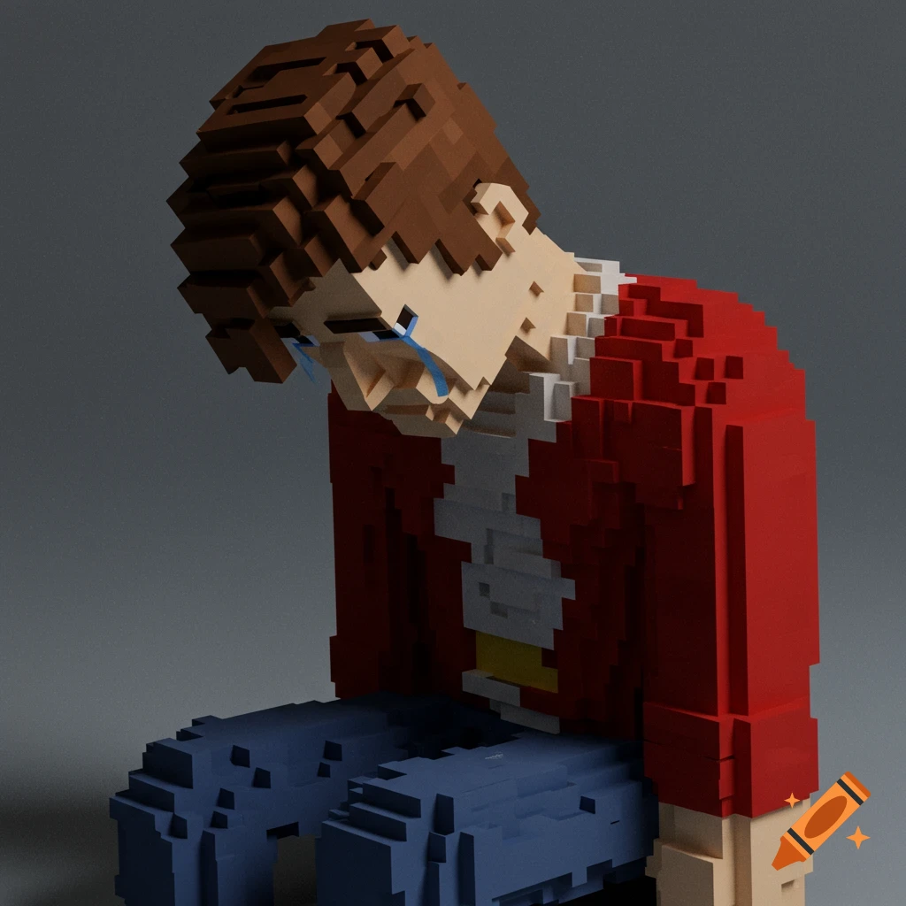Voxel art of a sad person crying, looking down.