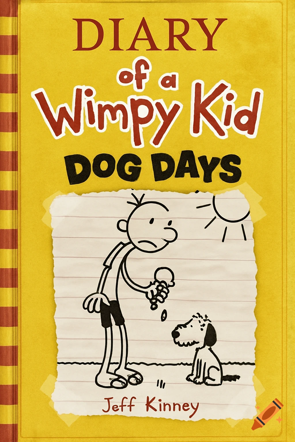 Book cover for Diary of a Wimpy Kid Dog Days, featuring a cartoon boy holding ice cream next to a dog, on yellow background.