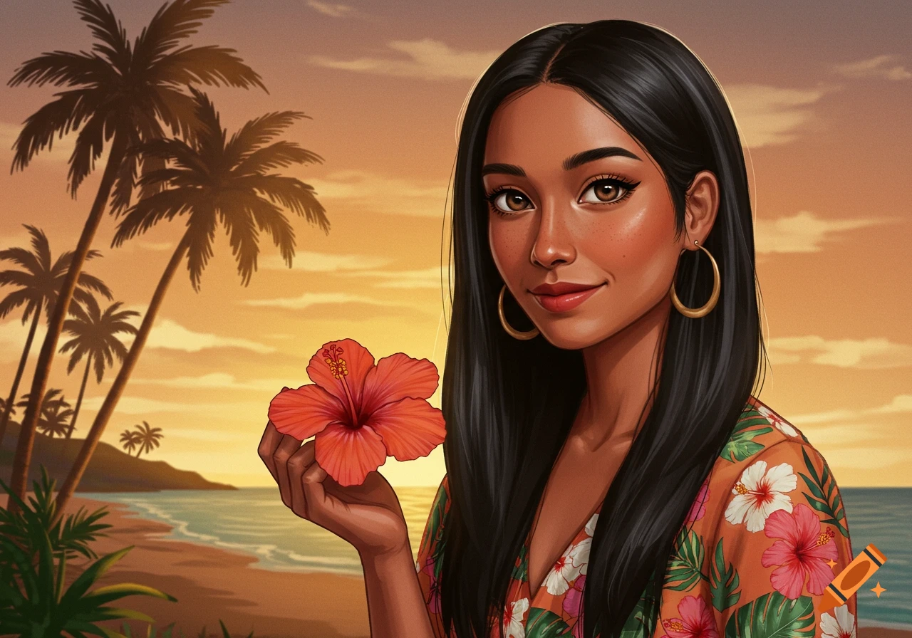 Digital illustration of a young woman with long dark hair holding a red hibiscus flower on a beach with palm trees at sunset.