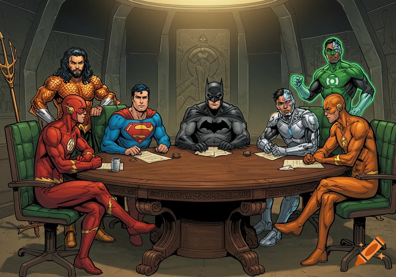 The Justice League superheroes, including Superman, Batman, Flash, Aquaman, Cyborg, and Green Lantern, seated around a meeting table in a comic book style.