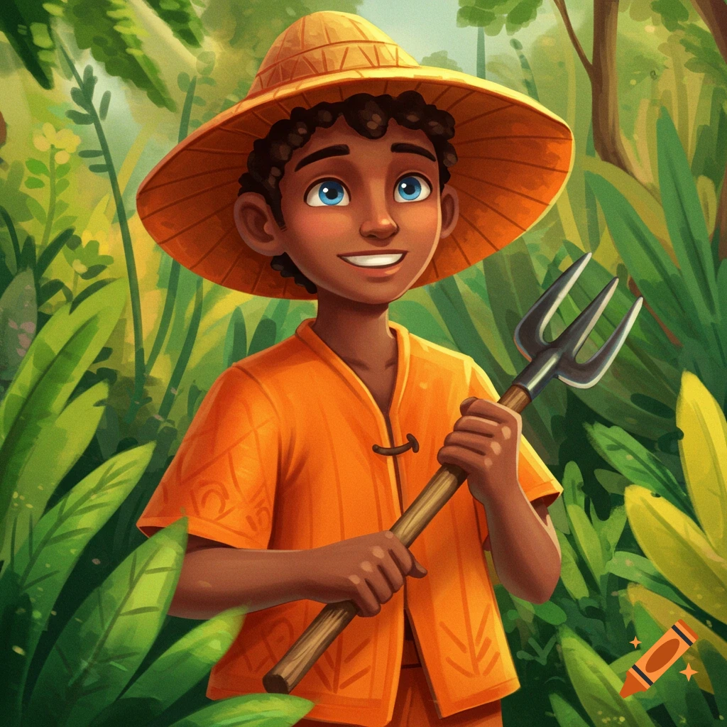 Illustrative portrait of a boy in a straw hat and orange shirt holding a pitchfork in a jungle garden.