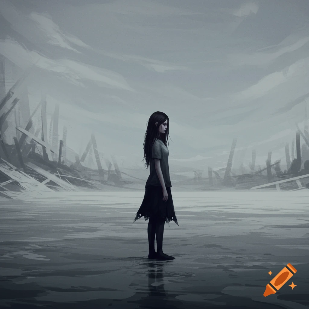 A solitary figure stands in a desolate, watery landscape with ruins under a bleak sky, in a moody art style.