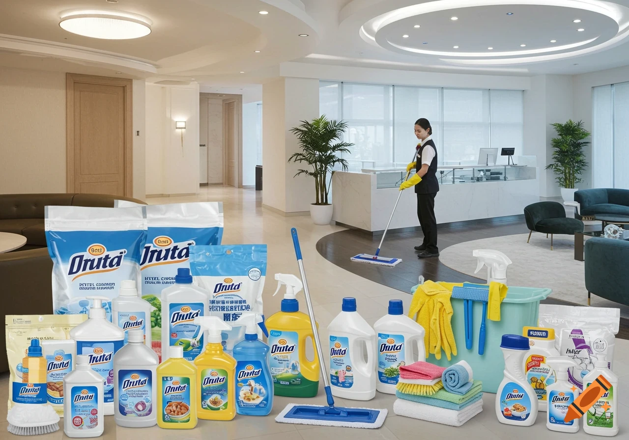 A display of various cleaning products in the foreground of a modern hotel lobby, where a staff member mops the floor.