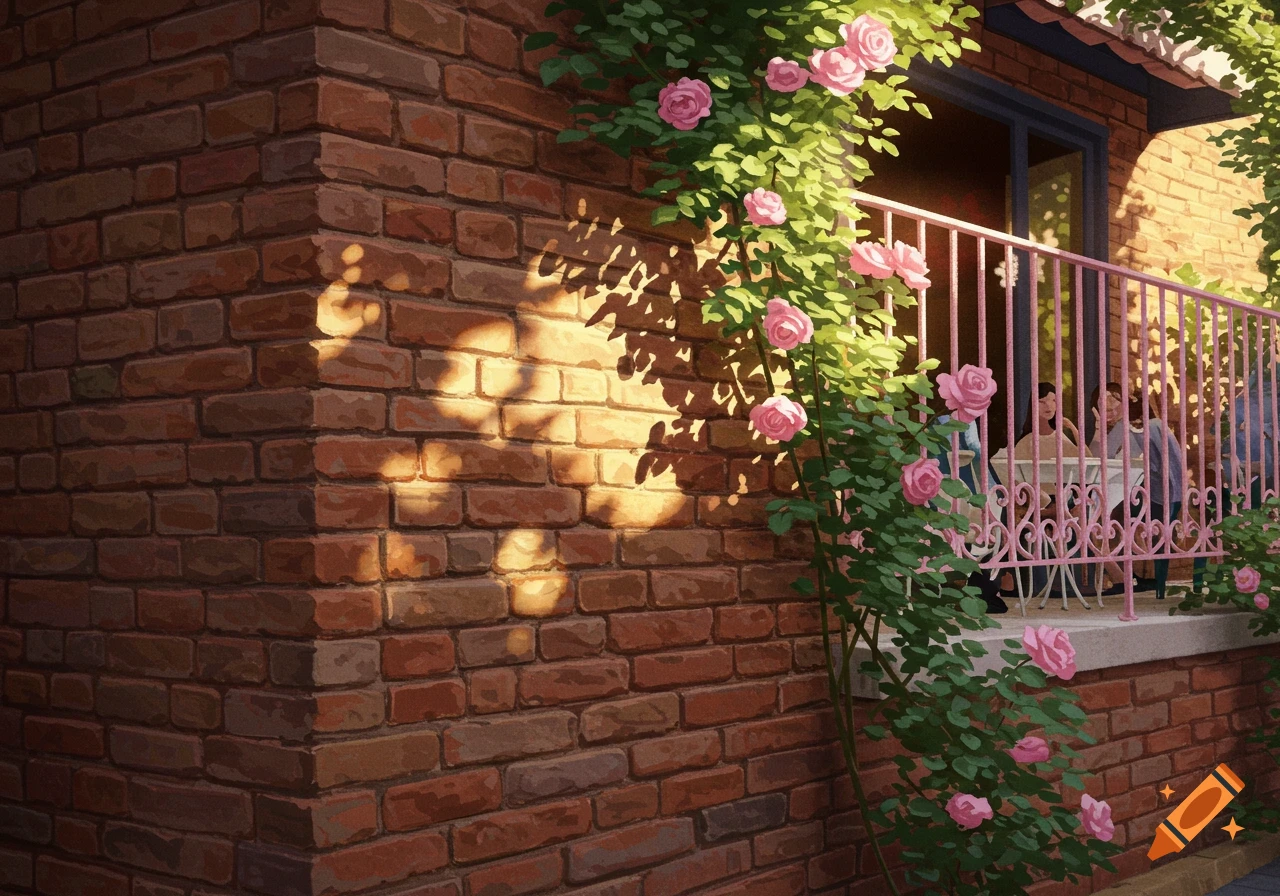 A sunlit brick wall with a pink balcony railing adorned with climbing pink roses. People are visible on the balcony.