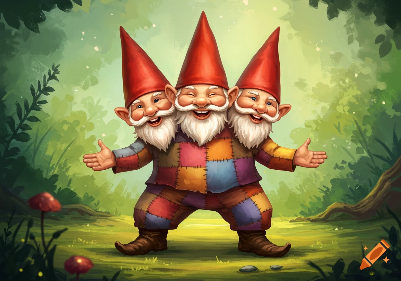 A smiling three-headed gnome in a colorful patchwork outfit stands in a forest with open arms.