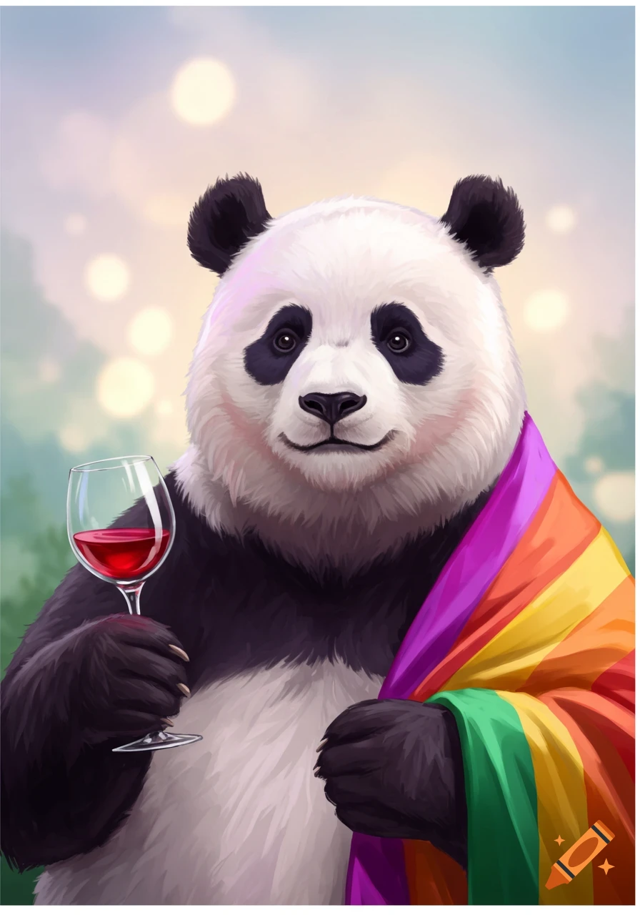 A smiling panda holding a wine glass and draped in a colorful pride flag.