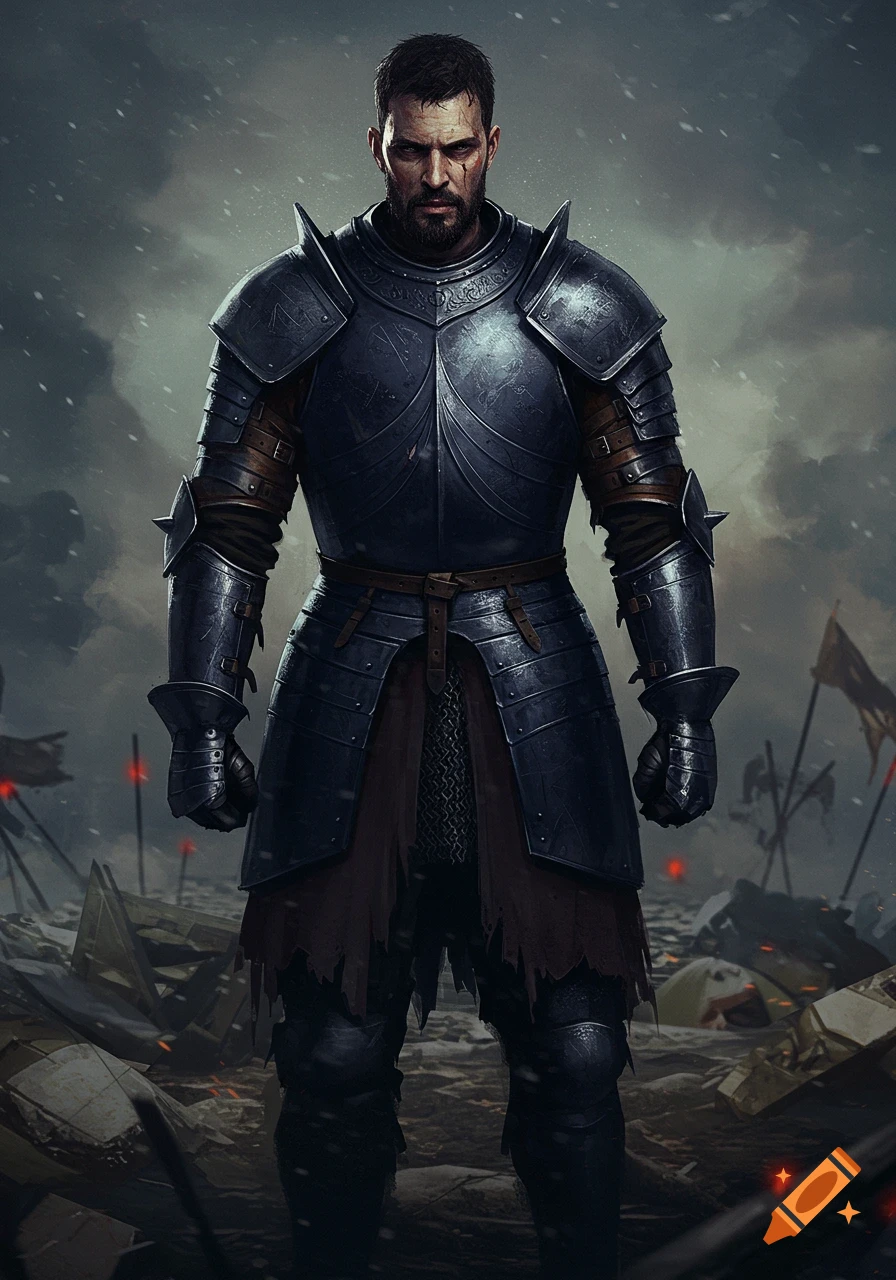 A male knight in dark blue armor with a short dark beard stands on a snowy, debris-filled battlefield.