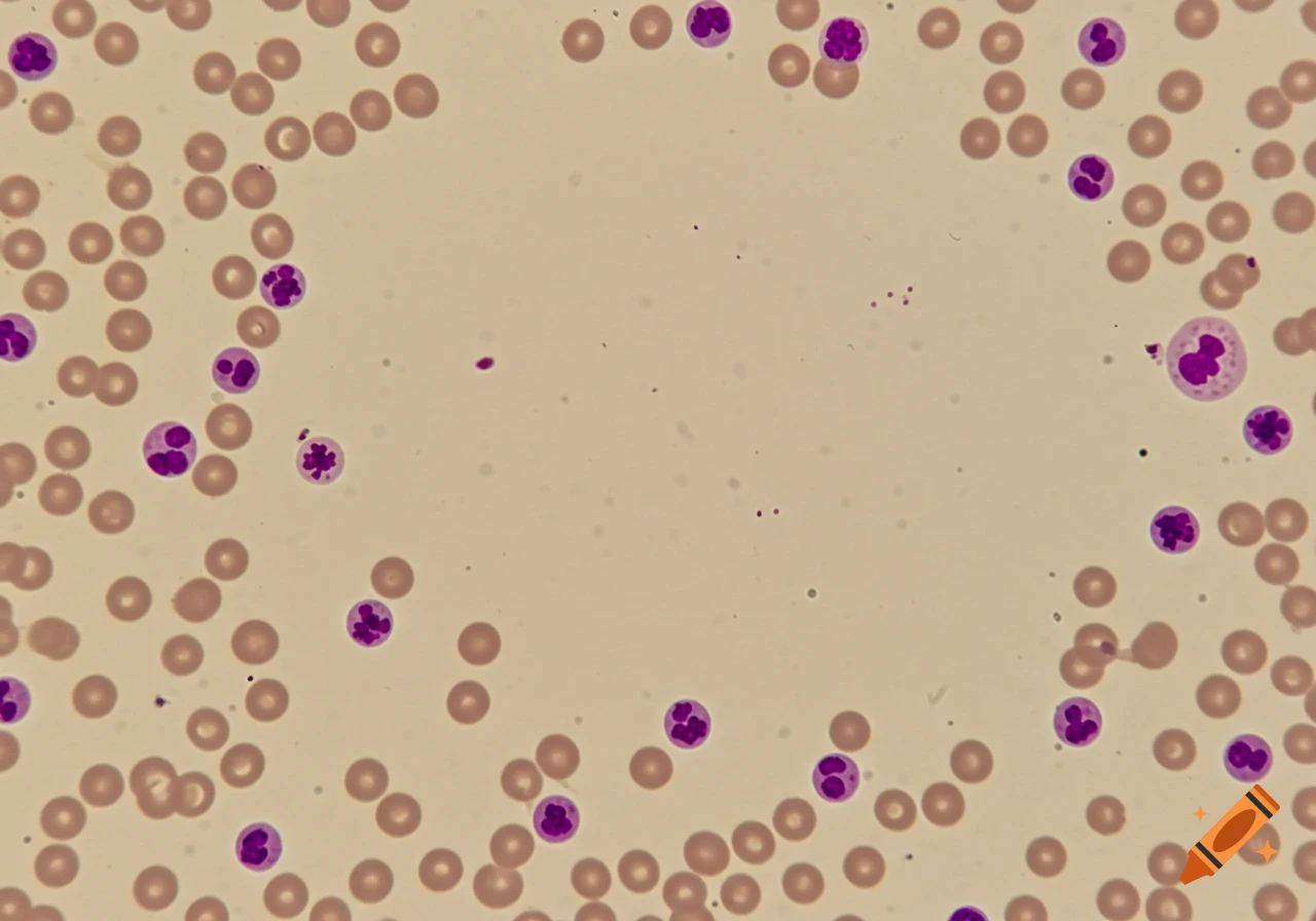 Microscopic view of a canine blood smear showing various types of white and red blood cells.