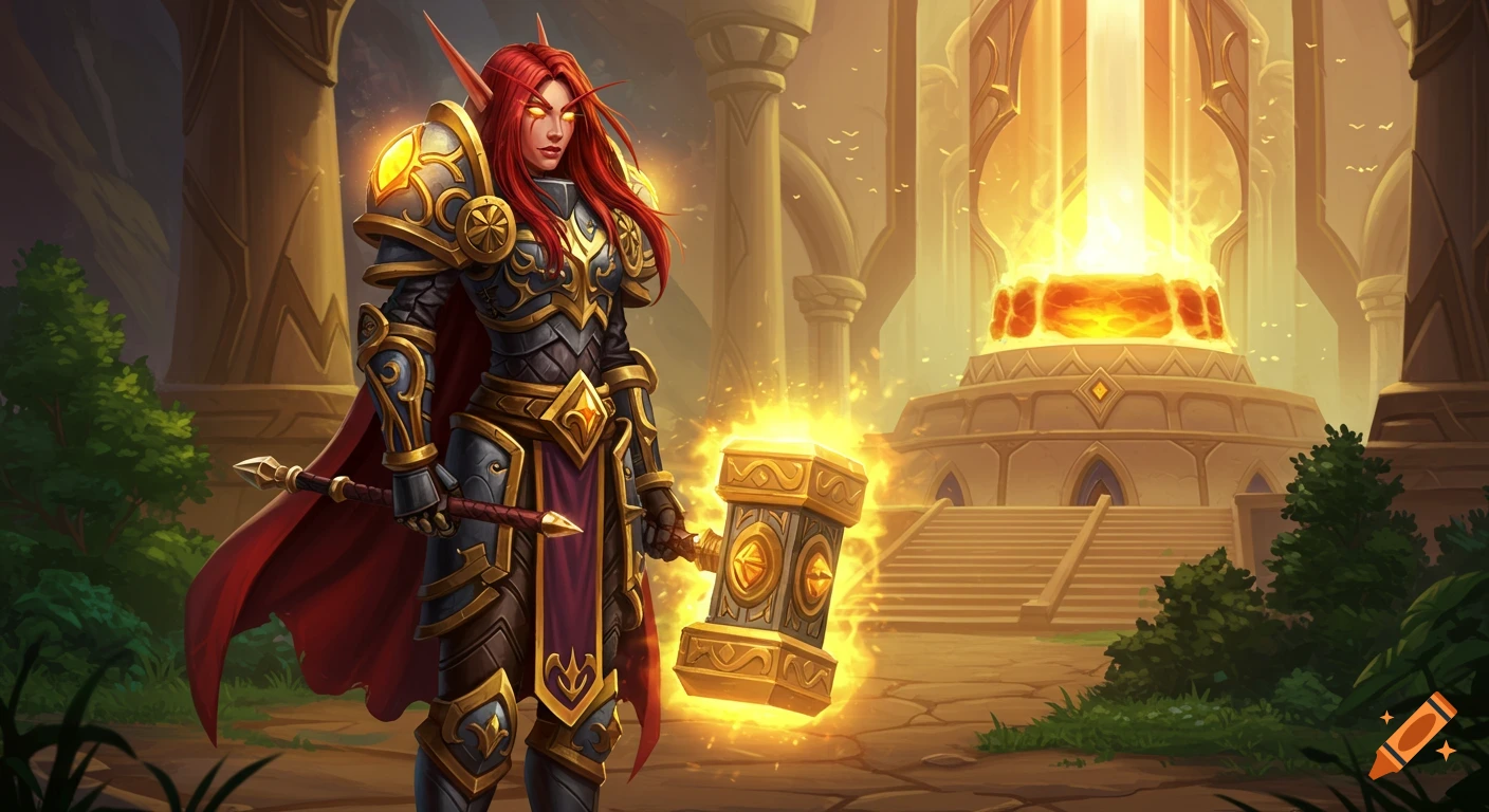 A female blood elf paladin with red hair and glowing eyes stands in ornate golden and dark armor, holding a radiant hammer, in front of a massive, glowing Sunwell-like structure.