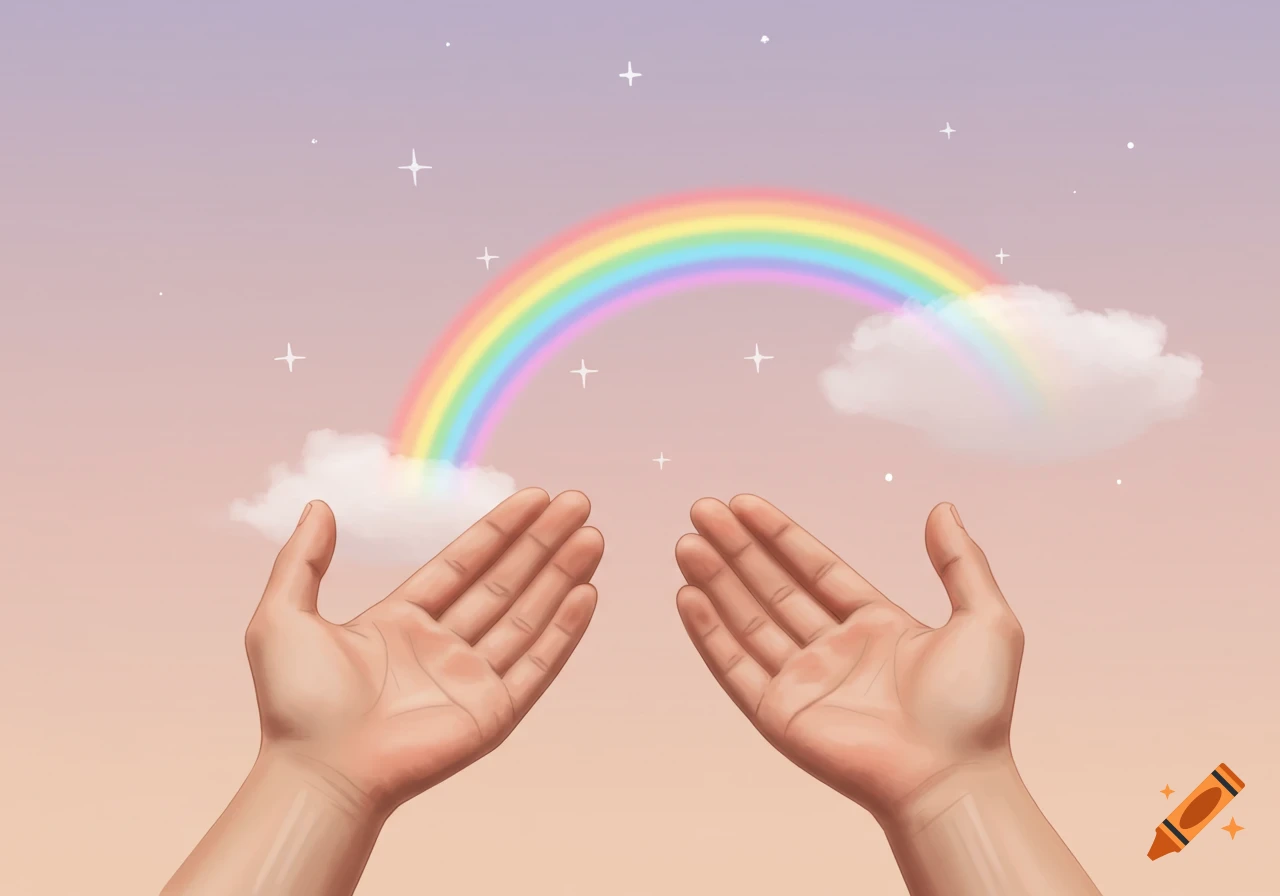 Two open hands face upwards against a soft pastel sky with a bright rainbow arcing between them, flanked by clouds and stars, in a digital painting.
