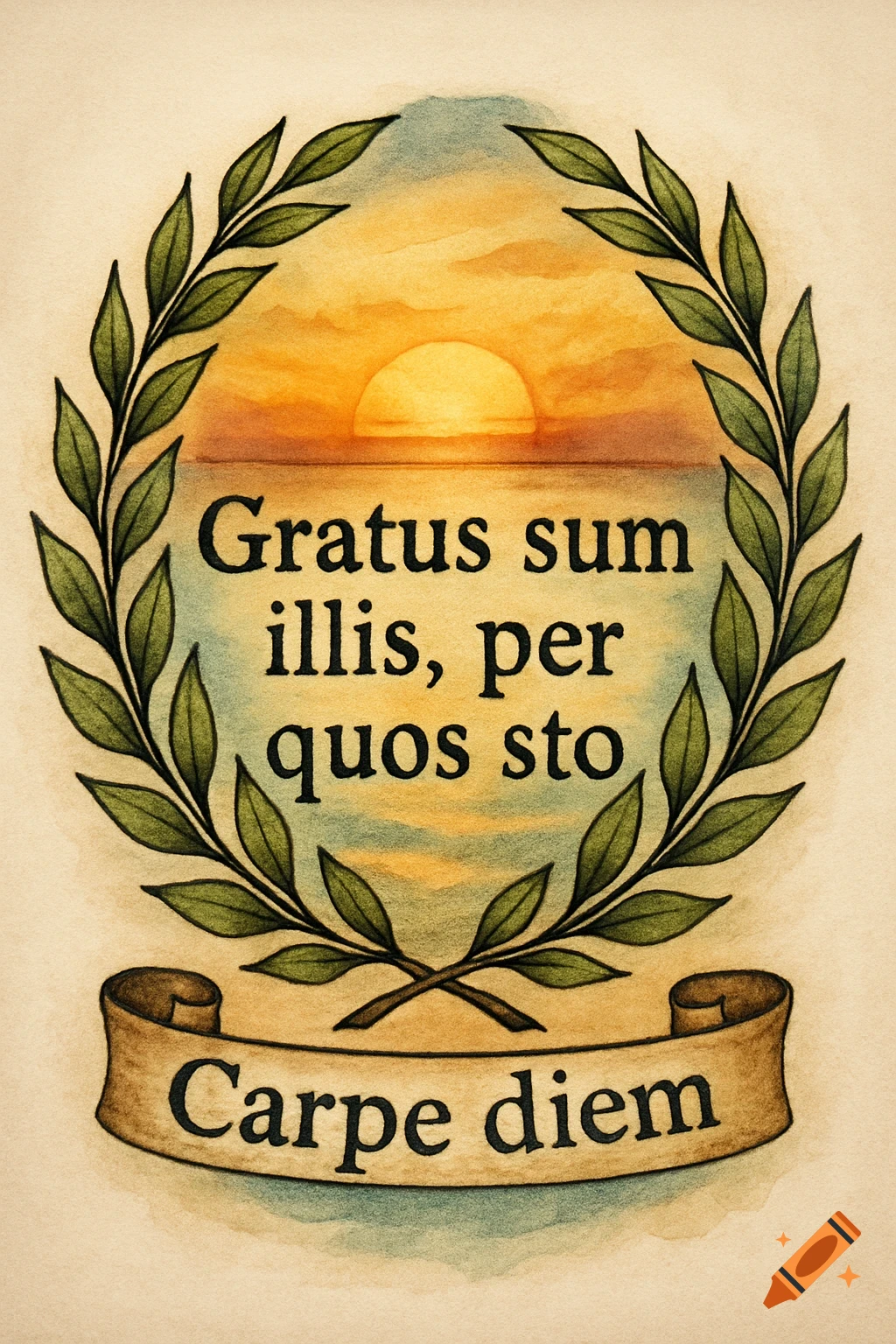 A watercolor illustration of a laurel wreath framing a sunset over the sea. Inside the wreath, the Latin phrase 'Gratus sum illis, per quos sto' is written. Below the wreath, a banner reads 'Carpe diem'.
