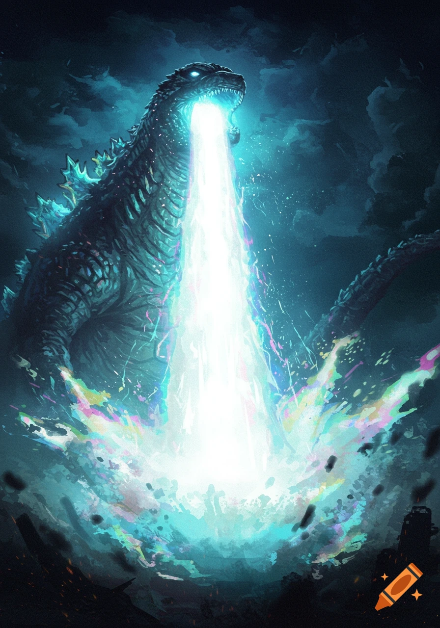 An illustration of Godzilla firing a bright blue atomic breath with iridescent colors.