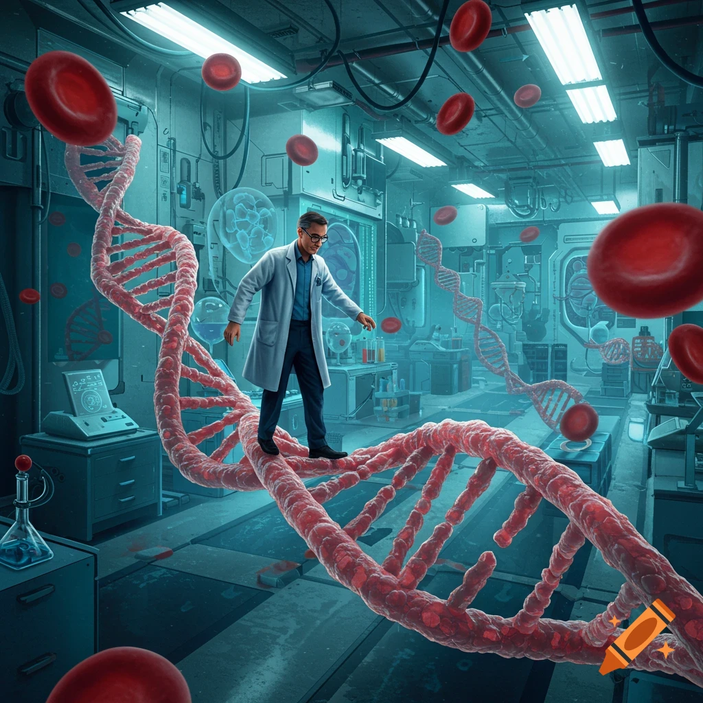A scientist walks on a giant DNA double helix in a futuristic medical laboratory with floating red blood cells.