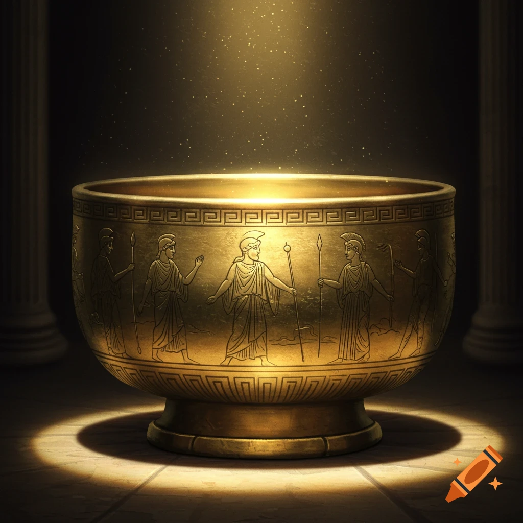 Golden bowl with Greek figures under dramatic spotlight