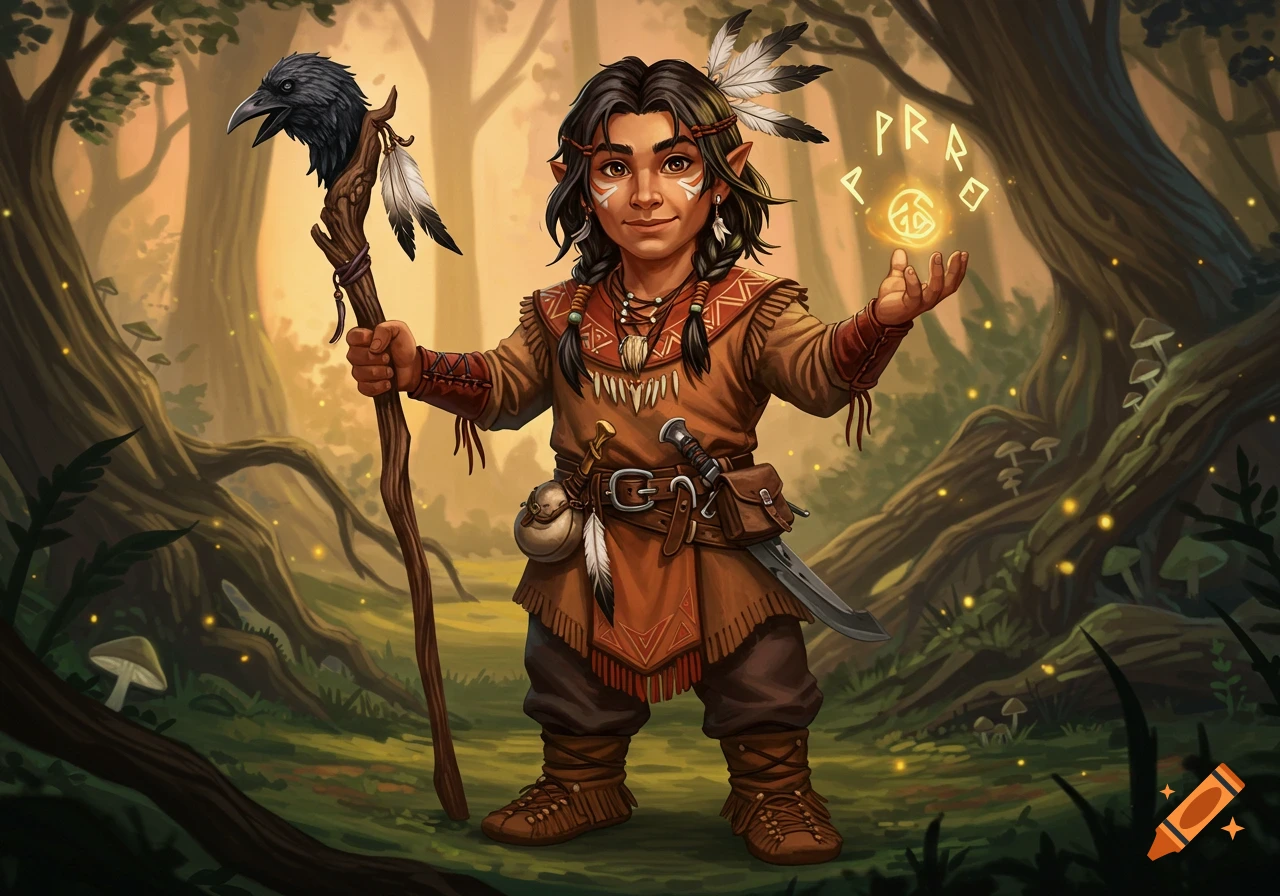 Fantasy art of a halfling wizard in forest, with feathers, face paint, holding a raven staff and glowing runes.