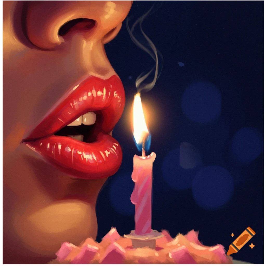 Close-up illustration of glossy red lips blowing out a pink candle.