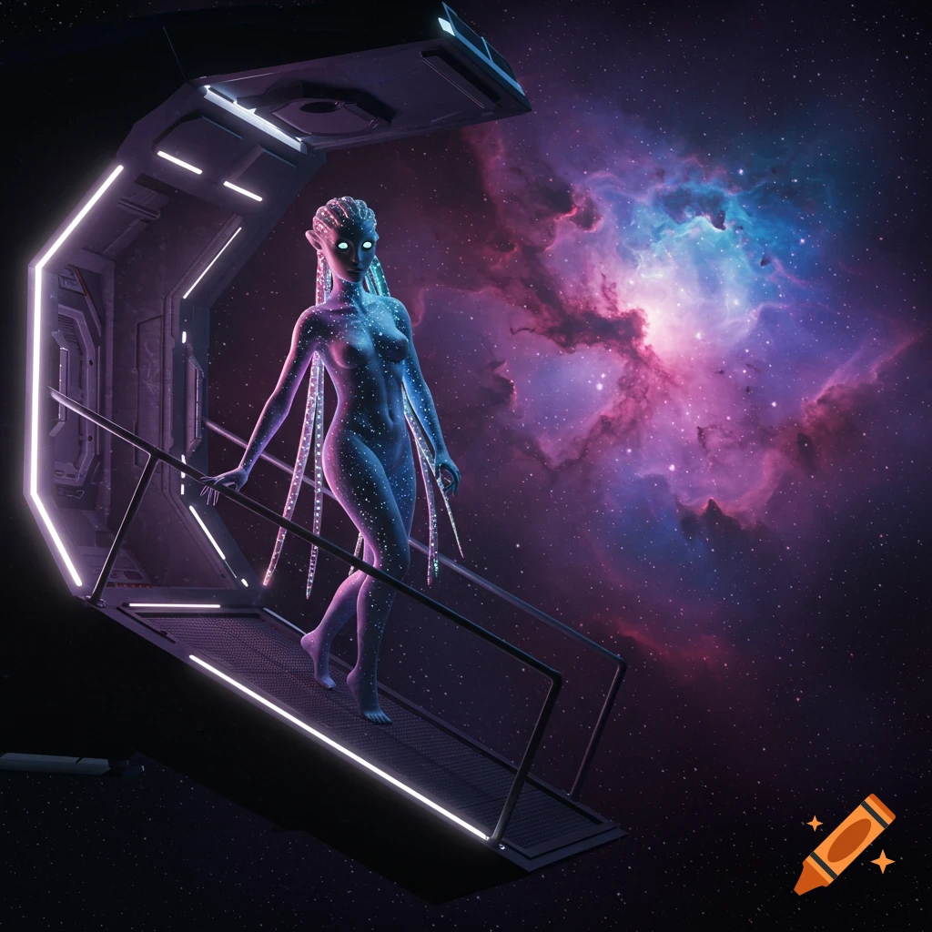 A blue alien figure covered in glowing dots walks down a spaceship ramp against a backdrop of a vibrant purple and blue nebula.