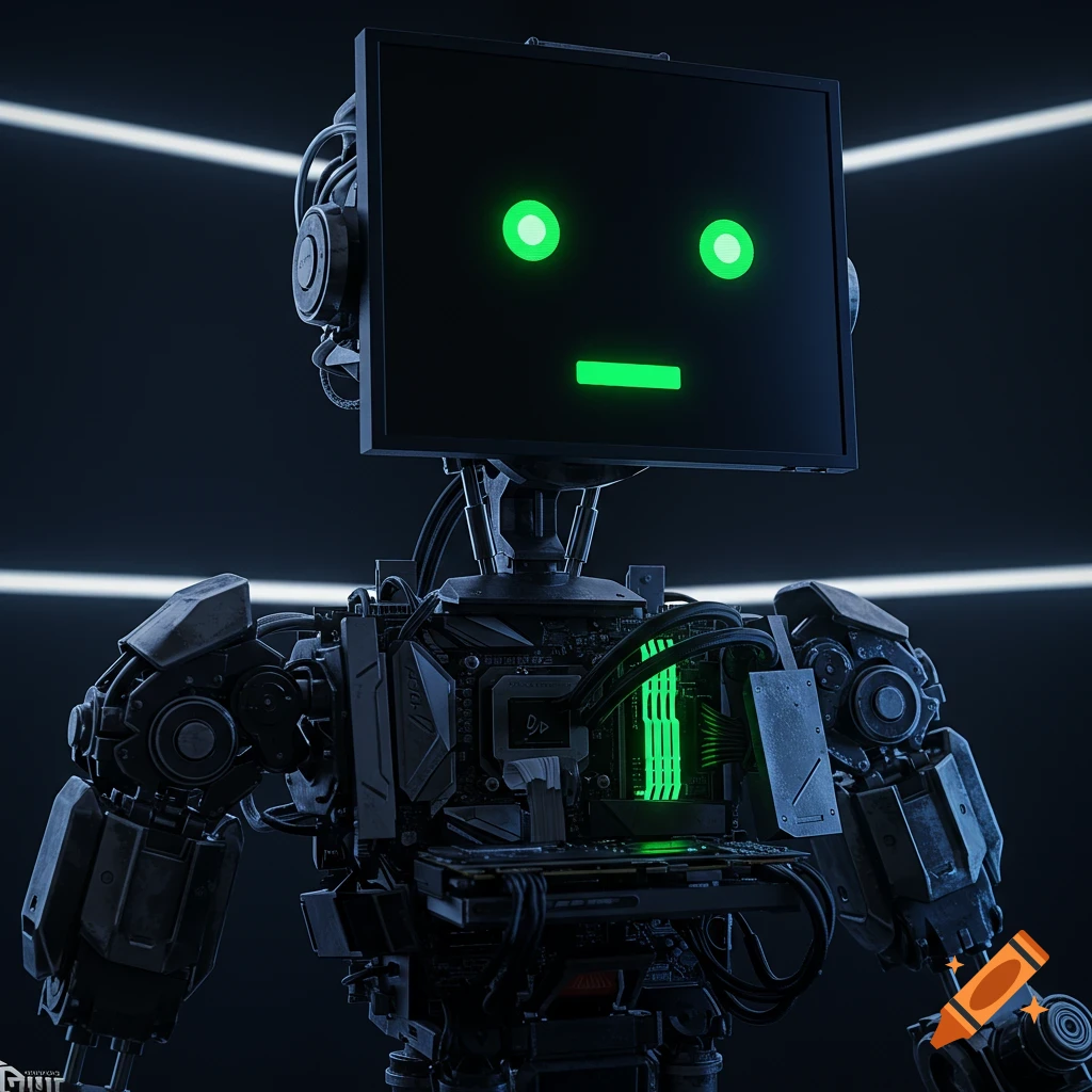 A robot with a computer monitor head, glowing green eyes and mouth, and a body made of computer components with green RGB lighting.