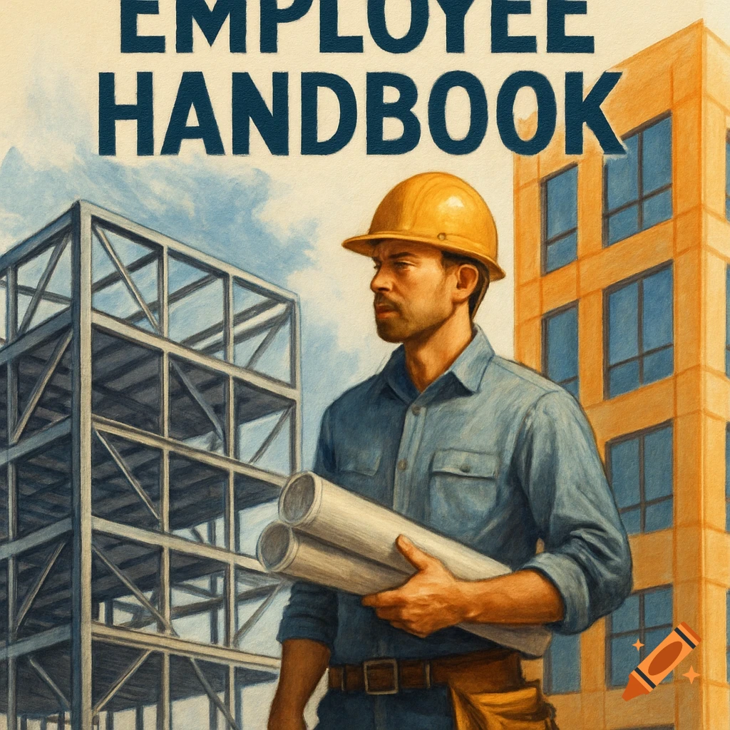 Illustration of a construction worker with blueprints in front of a building frame. Text reads EMPLOYEE HANDBOOK.