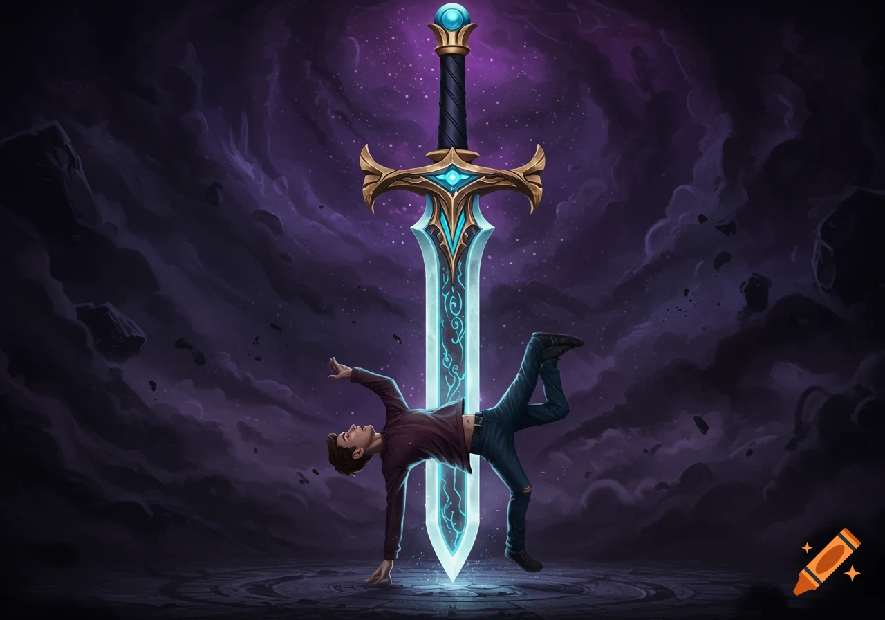 A man is held upside down by his feet by a large, glowing fantasy sword against a dark, cosmic background.