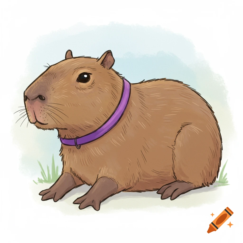 A cartoon drawing of a capybara wearing a purple collar, sitting on light green grass.