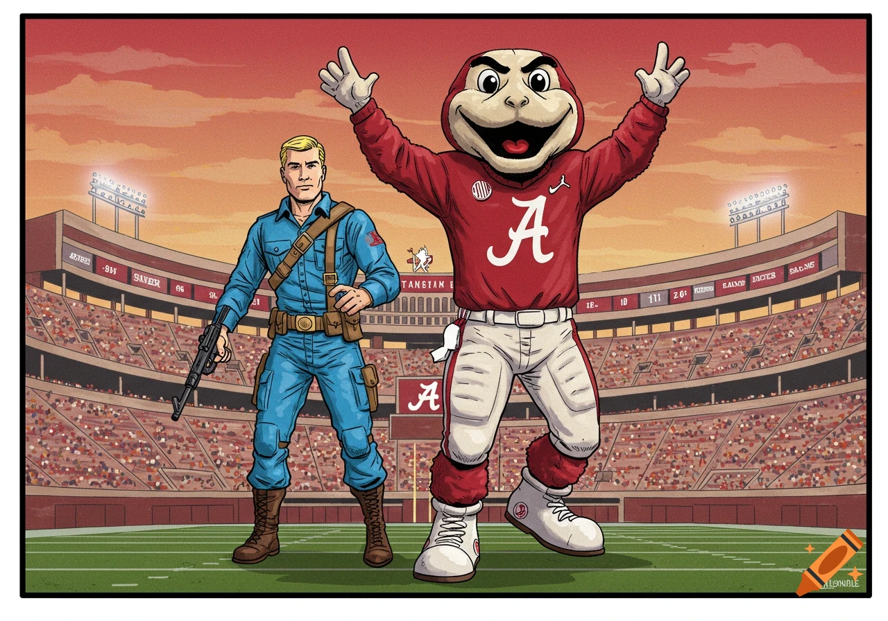 Cartoon illustration of a blonde soldier in a blue uniform holding a rifle next to a red University of Alabama mascot with an 'A' on its jersey, standing on a football field in a stadium.
