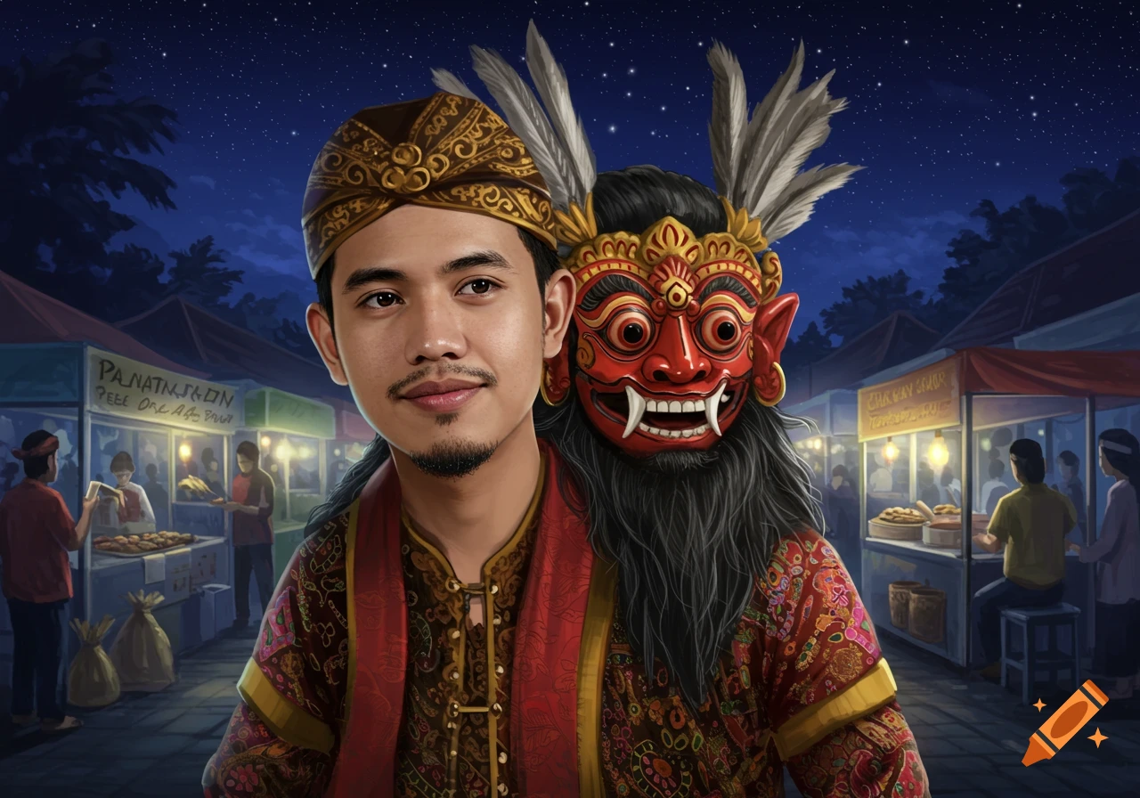 A man in traditional attire with a red, horned mask behind him, stands in a bustling night market under a starry sky.