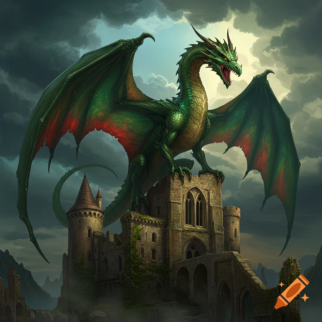 A green and red dragon perches on a ruined castle under a stormy sky.