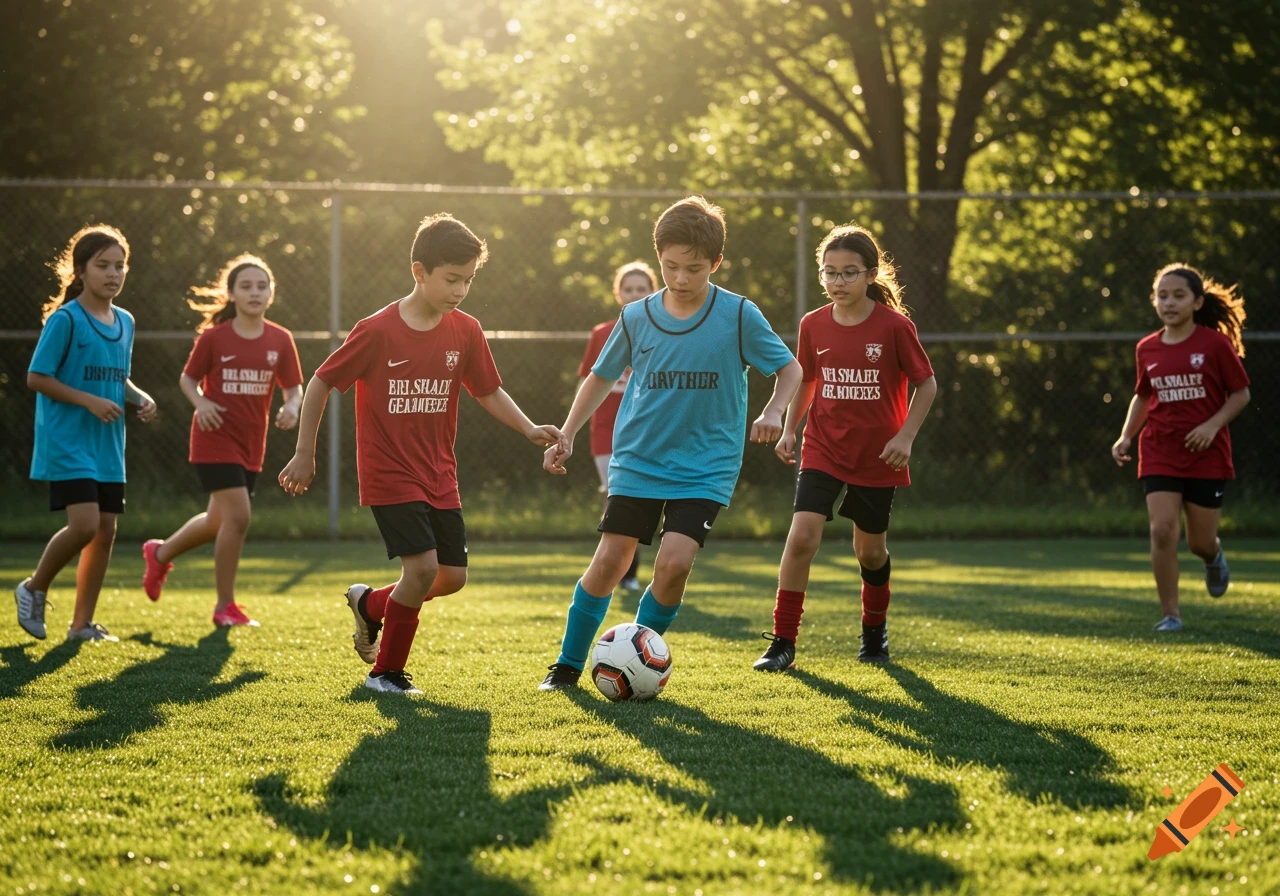 Young kids playing soccer on a grassy field during sunset, with long shadows.