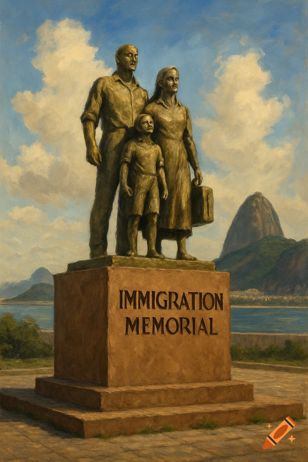 Painterly bronze statue of an immigrant family on a pedestal with 'IMMIGRATION MEMORIAL' inscribed, overlooking a bay with mountains.