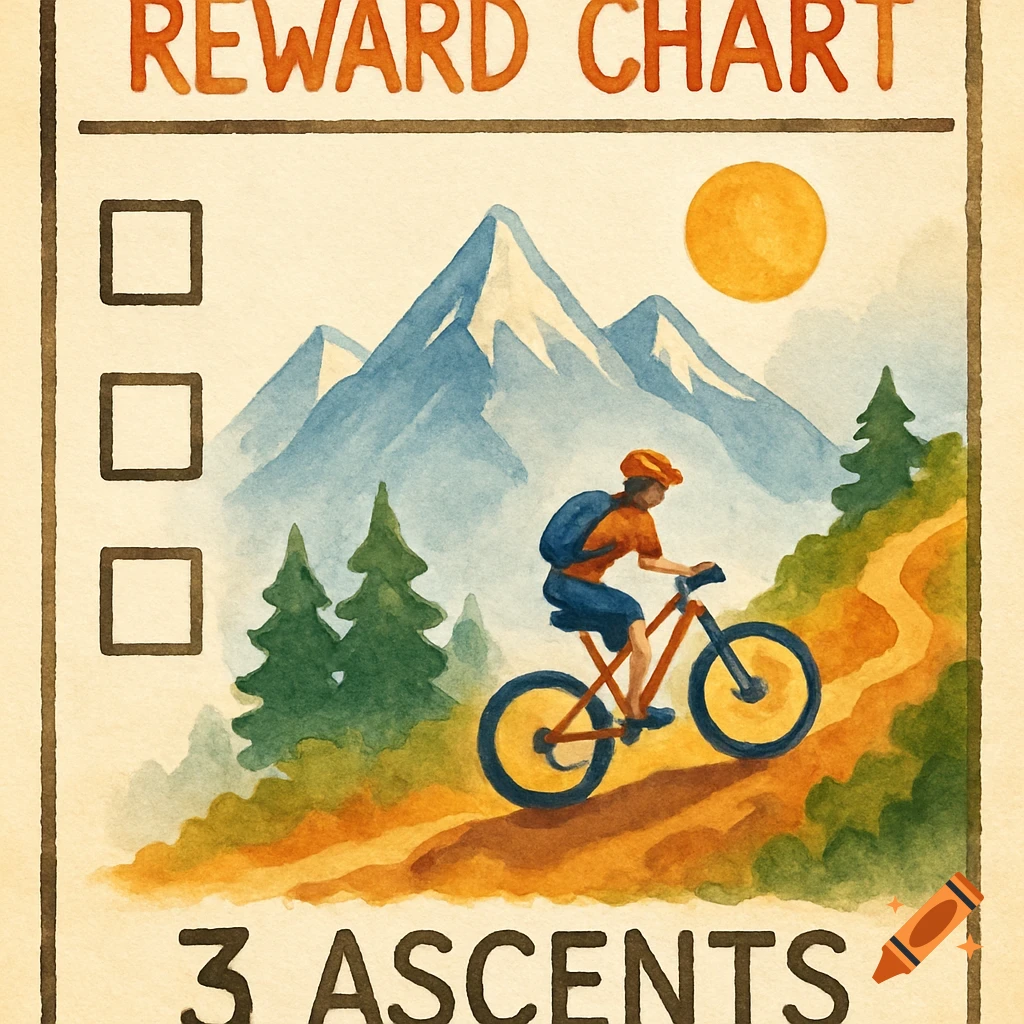 A watercolor illustration of a reward chart with a person on a mountain bike climbing a hill towards mountains and a sun. Text reads "REWARD CHART" and "3 ASCENTS".