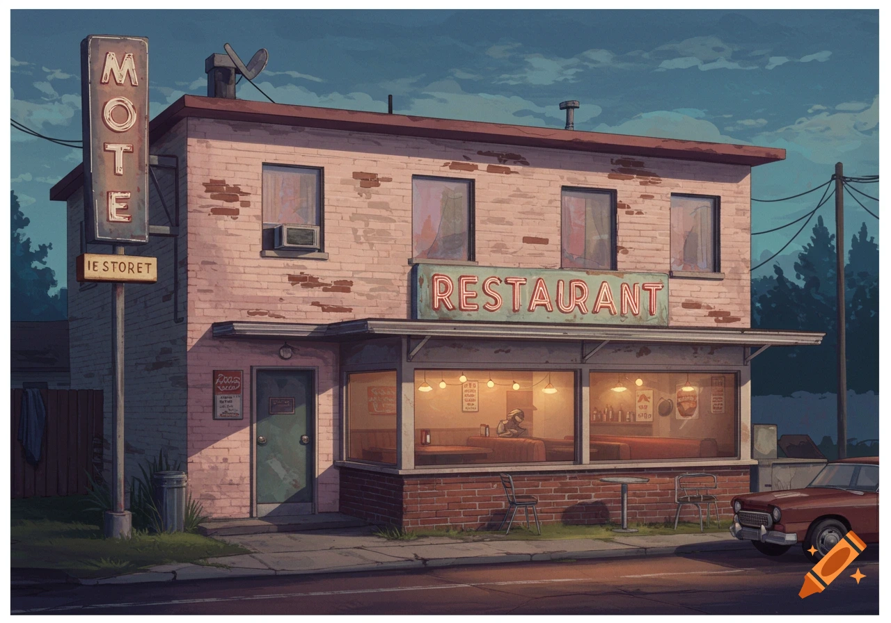 An illustration of an old-style brick motel with a glowing 'RESTAURANT' sign at dusk, with a red car parked on the street.