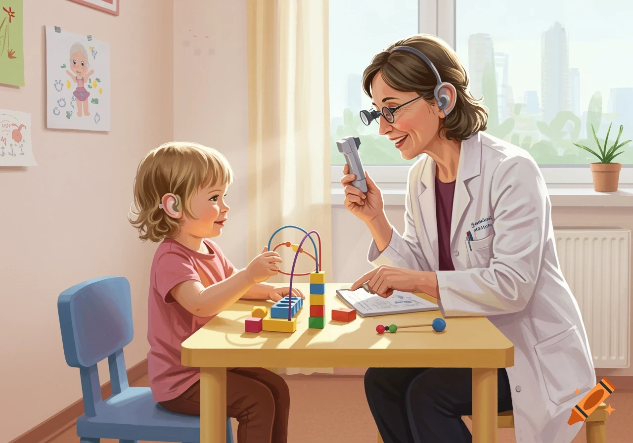 An audiologist examines a child with hearing aids, who is playing with a bead maze toy at a table in a bright room.