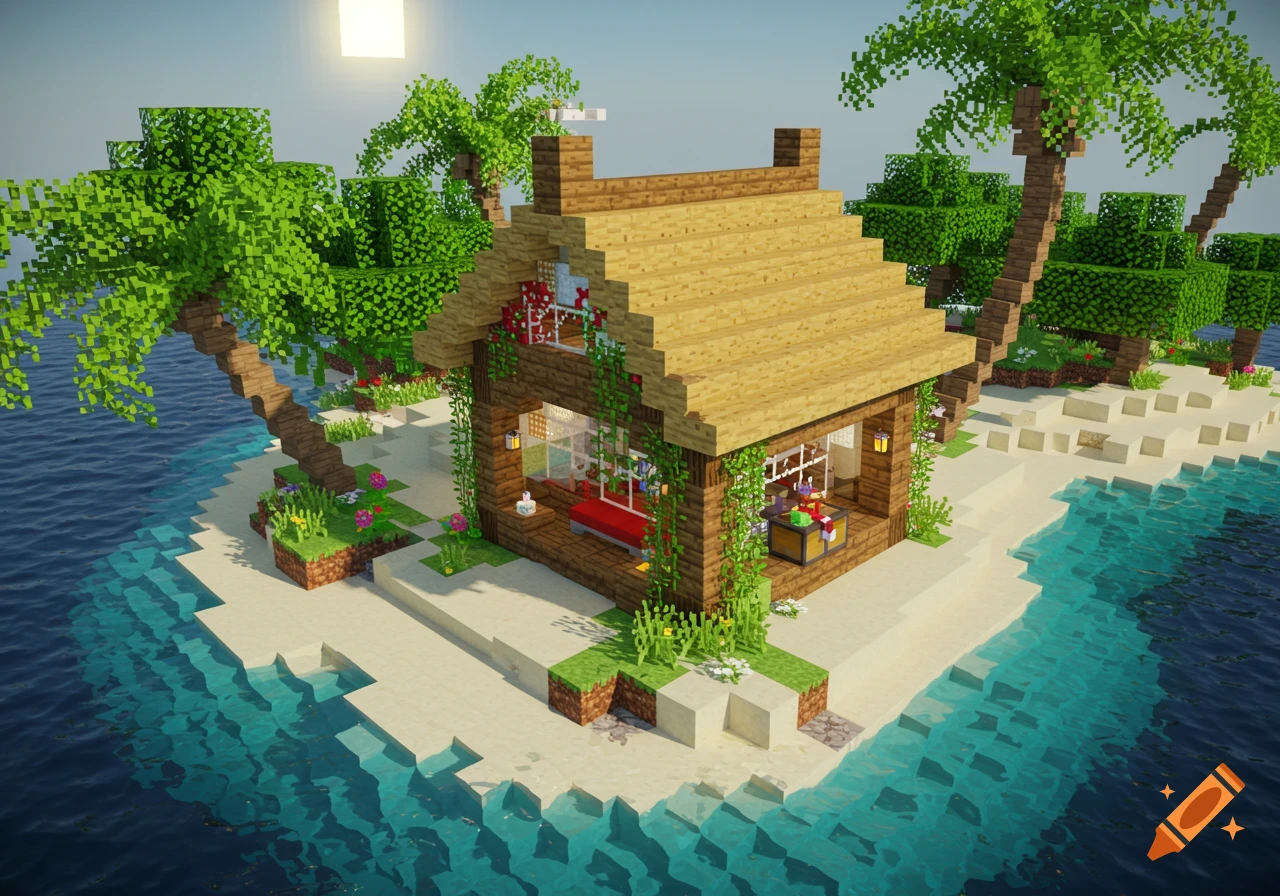 A blocky Minecraft-style tropical island with a wooden beach hut, palm trees, and clear blue water.
