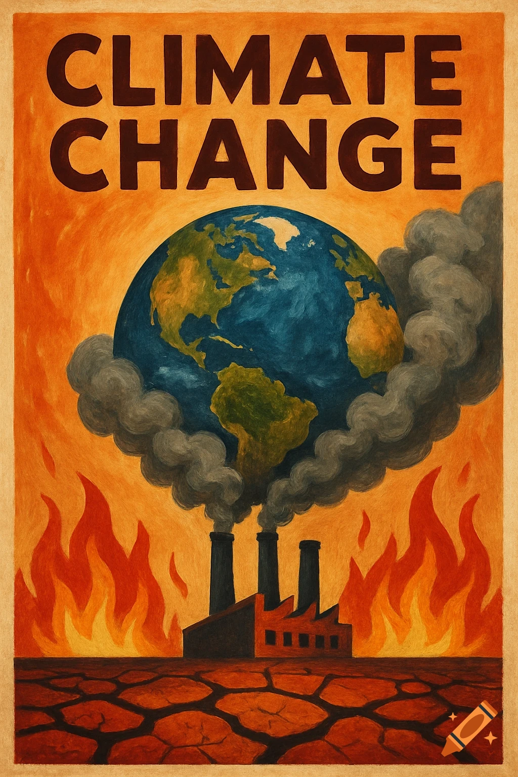 A climate change poster depicting a factory emitting smoke enveloping Earth, with flames and cracked land. Text reads 'CLIMATE CHANGE'.