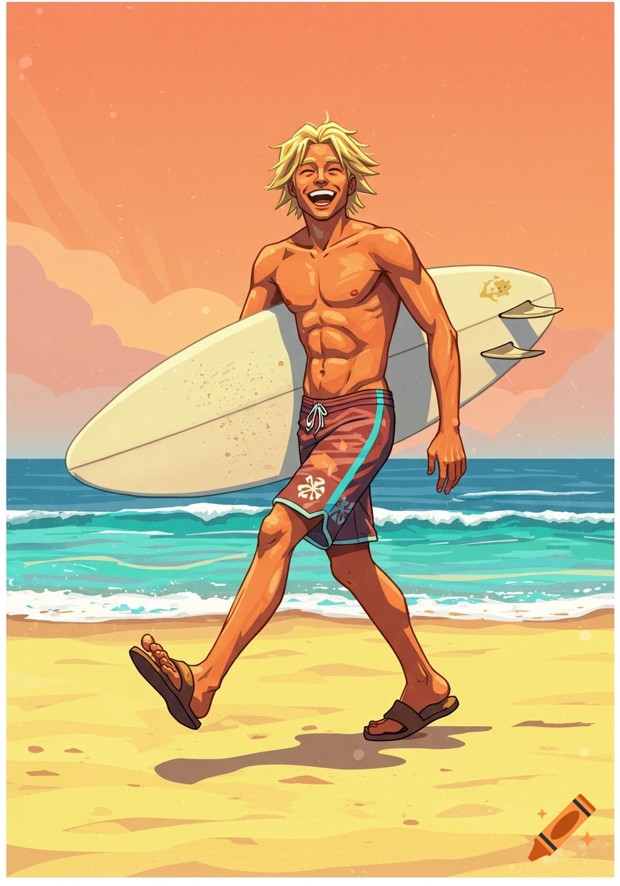 An illustration of a smiling blonde surfer walking on a sandy beach with his surfboard under an orange sunset sky.
