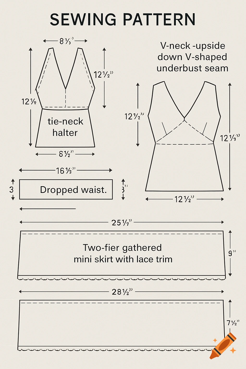 Technical diagram of a sewing pattern for a dress with halter top and tiered skirt.