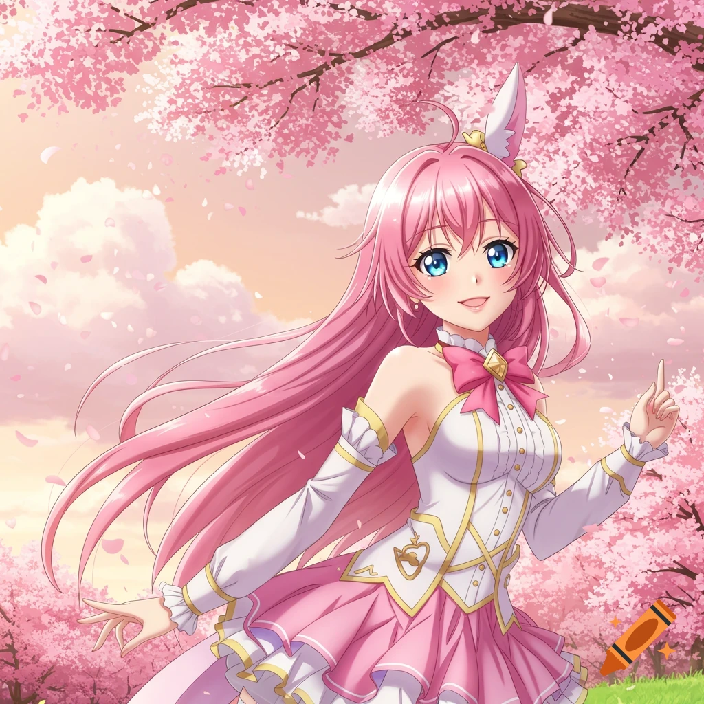 Anime girl with pink hair and rabbit ears in a pink and white dress among cherry blossoms.