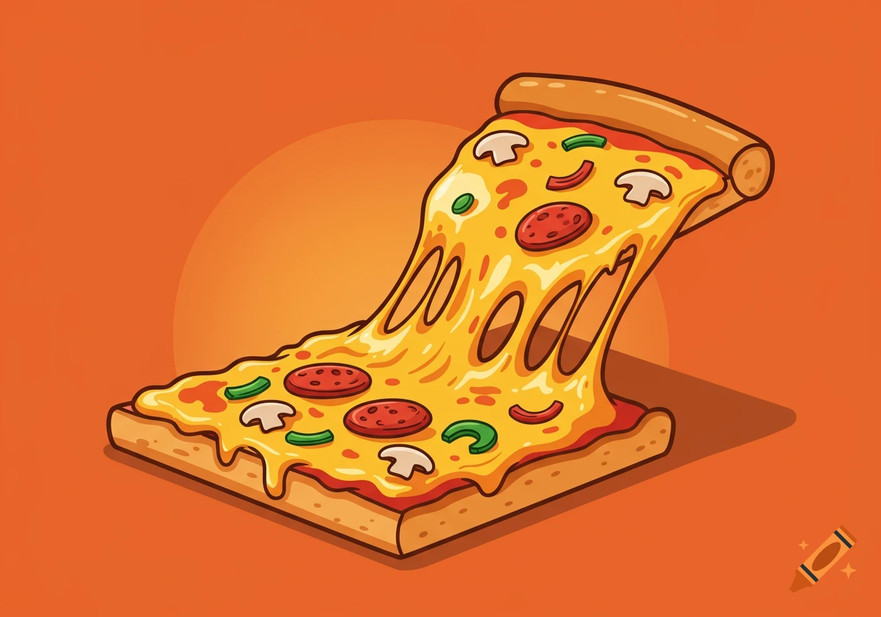Cartoon illustration of a square pizza slice with stretching cheese, pepperoni, mushrooms, and green peppers.
